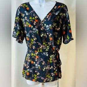 Sienna Sky Faux Wrap Polyester Blouse Black Floral Short Sleeves Blouse sz‎ M
